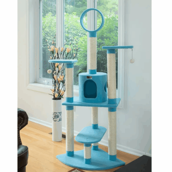 Real Wood 65-Inch Classic Cat Tree In Sky Blue 5-Level Condo