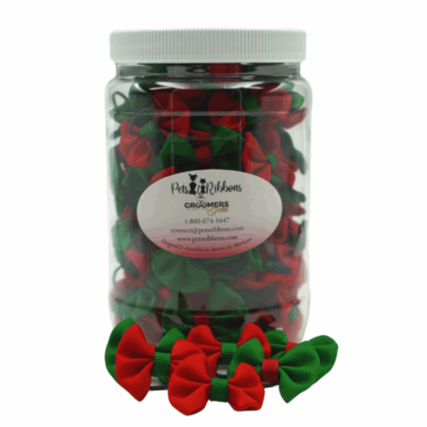 GG110 | Jar of 50-100 1.5" Dog | Cat Bows Christmas Trimmed|Pets Ribbons